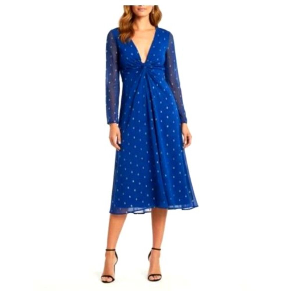 NSR Twist Front Deep V-Neck Blue Metallic Clip Dot Midi Dress Sz Small NWT